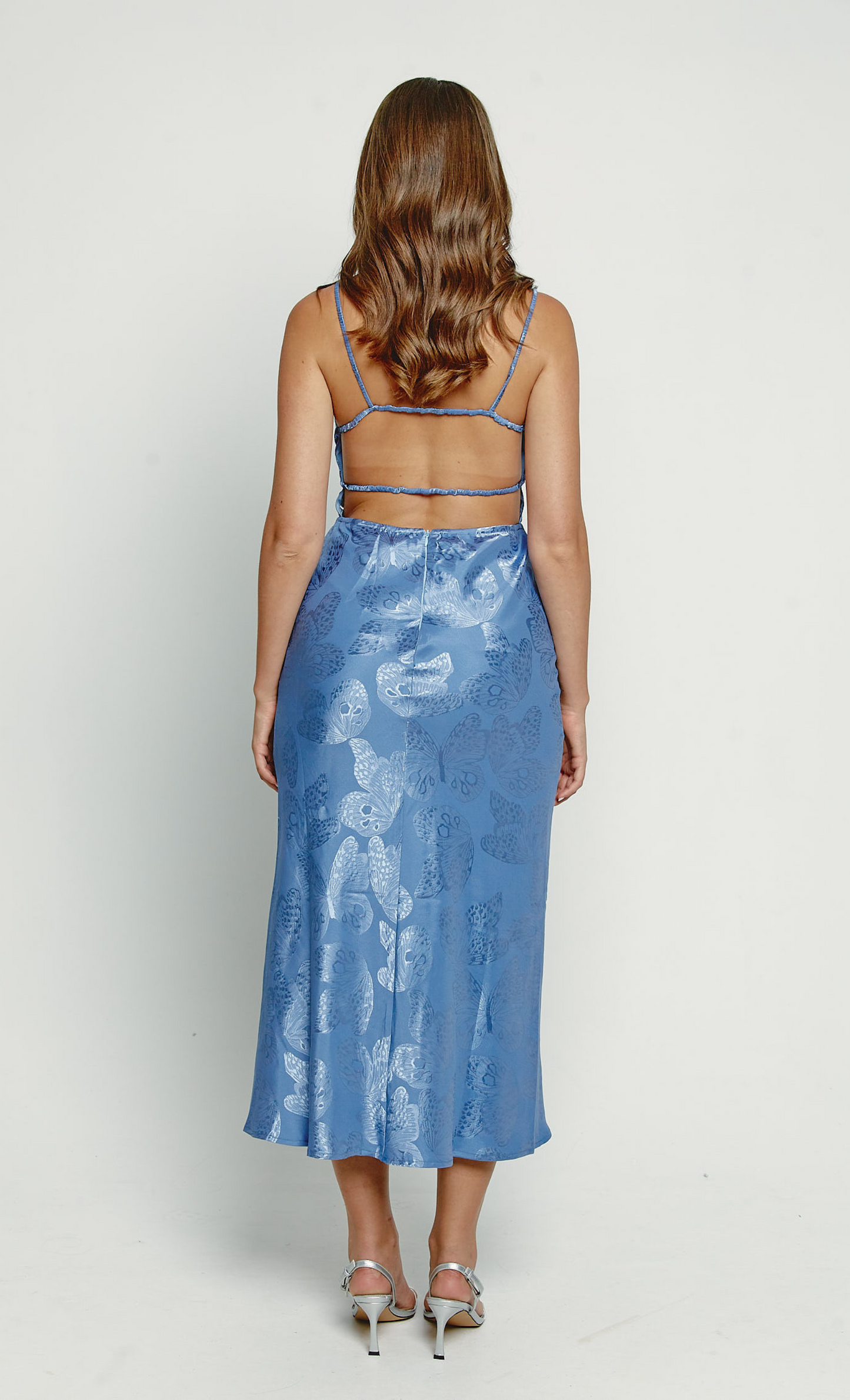 Blue Satin Jacquard Butterfly Maxi Dress