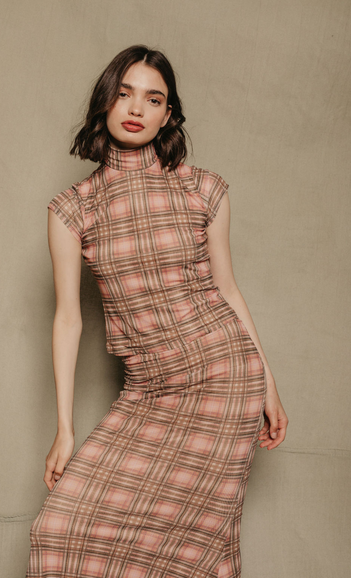 Checkered Mesh High Neck Top