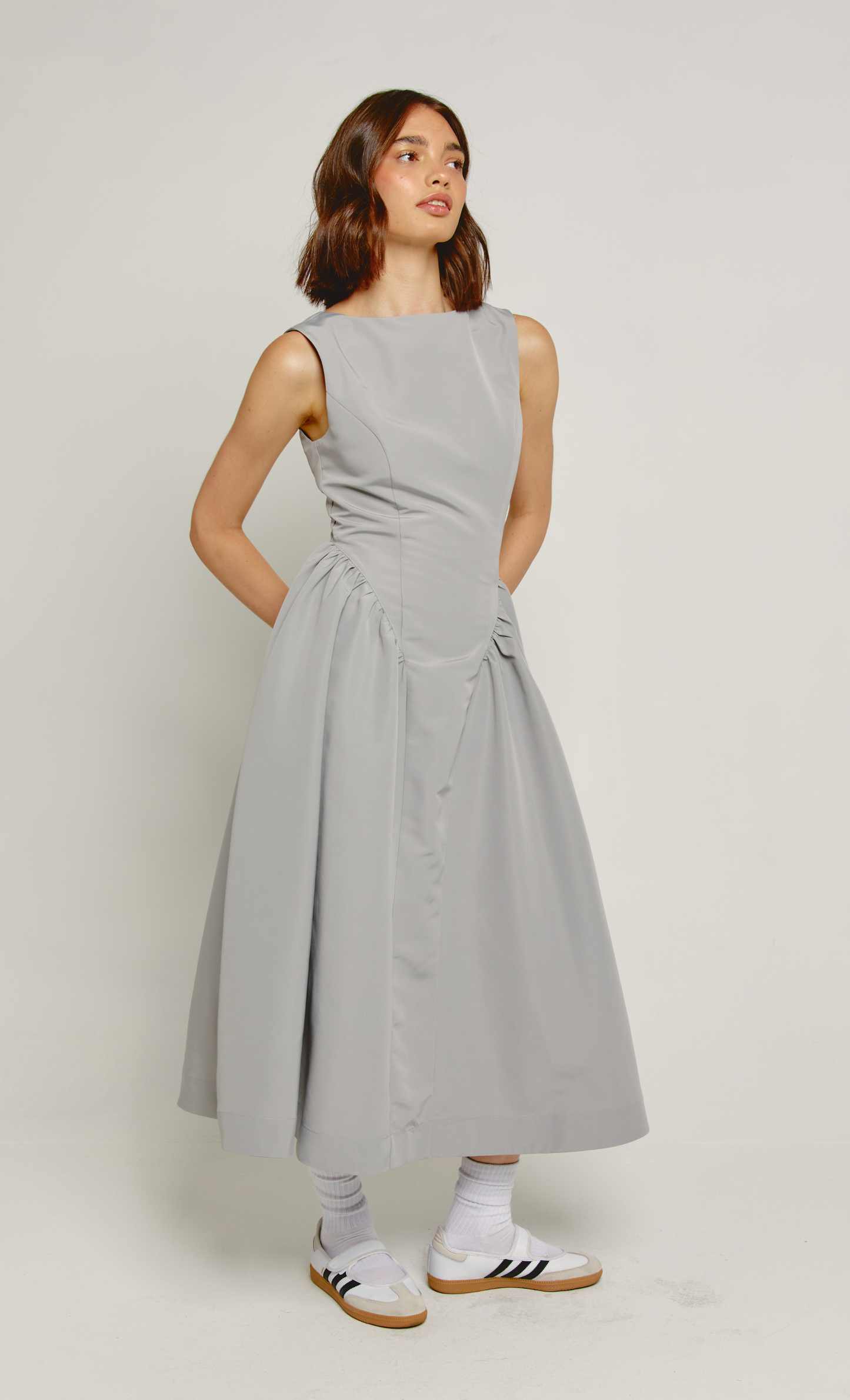 Grey Midi Dress with Gathered Waist | ANOTHER GIRL Rare London Grey Midi Dress with Gathered Waist | ANOTHER GIRL Rare London