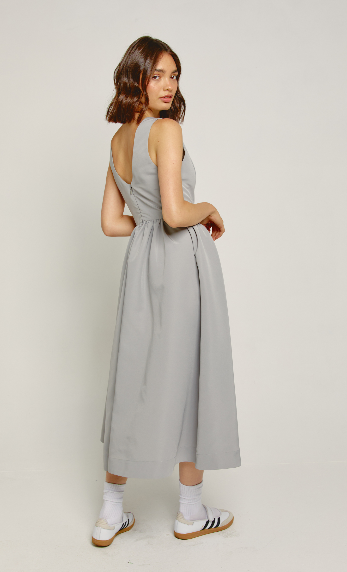 Rare London Women's Grey Midi Dress with Gathered Waist | ANOTHER GIRL 10 Rare London Women's Grey Midi Dress with Gathered Waist | ANOTHER GIRL 10