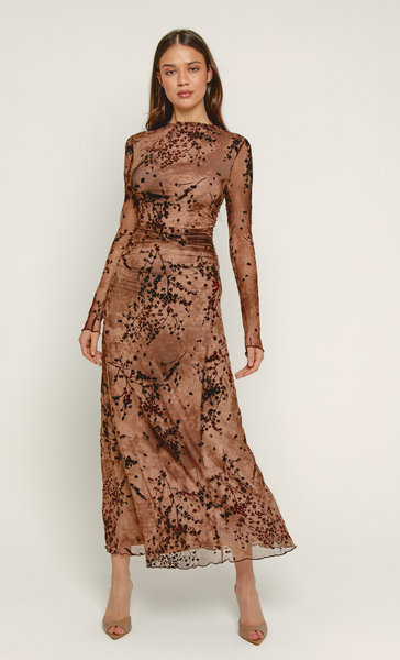 Brown Printed Mesh Ruched Maxi Dress Brown Floral Burnout Mesh Maxi Dress Brown Printed Mesh Ruched Maxi Dress Brown Floral Burnout Mesh Maxi Dress