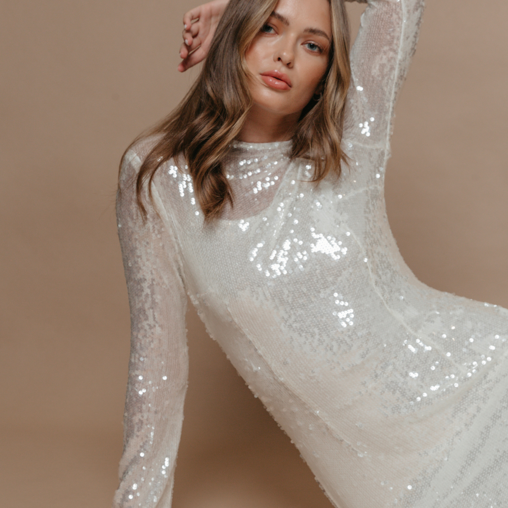 White Sequin Long Sleeve Maxi Dress