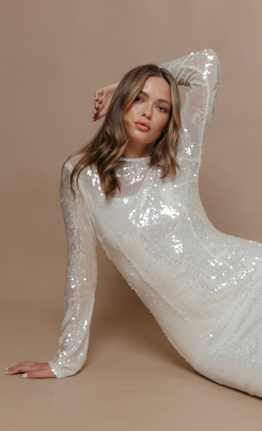 White Sequin Long Sleeve Maxi Dress