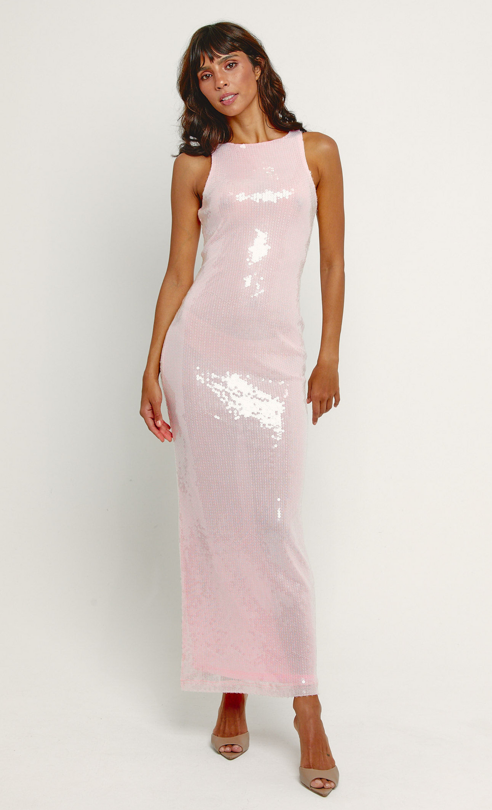 Pink Sheer Sequin Racerback Maxi Dress