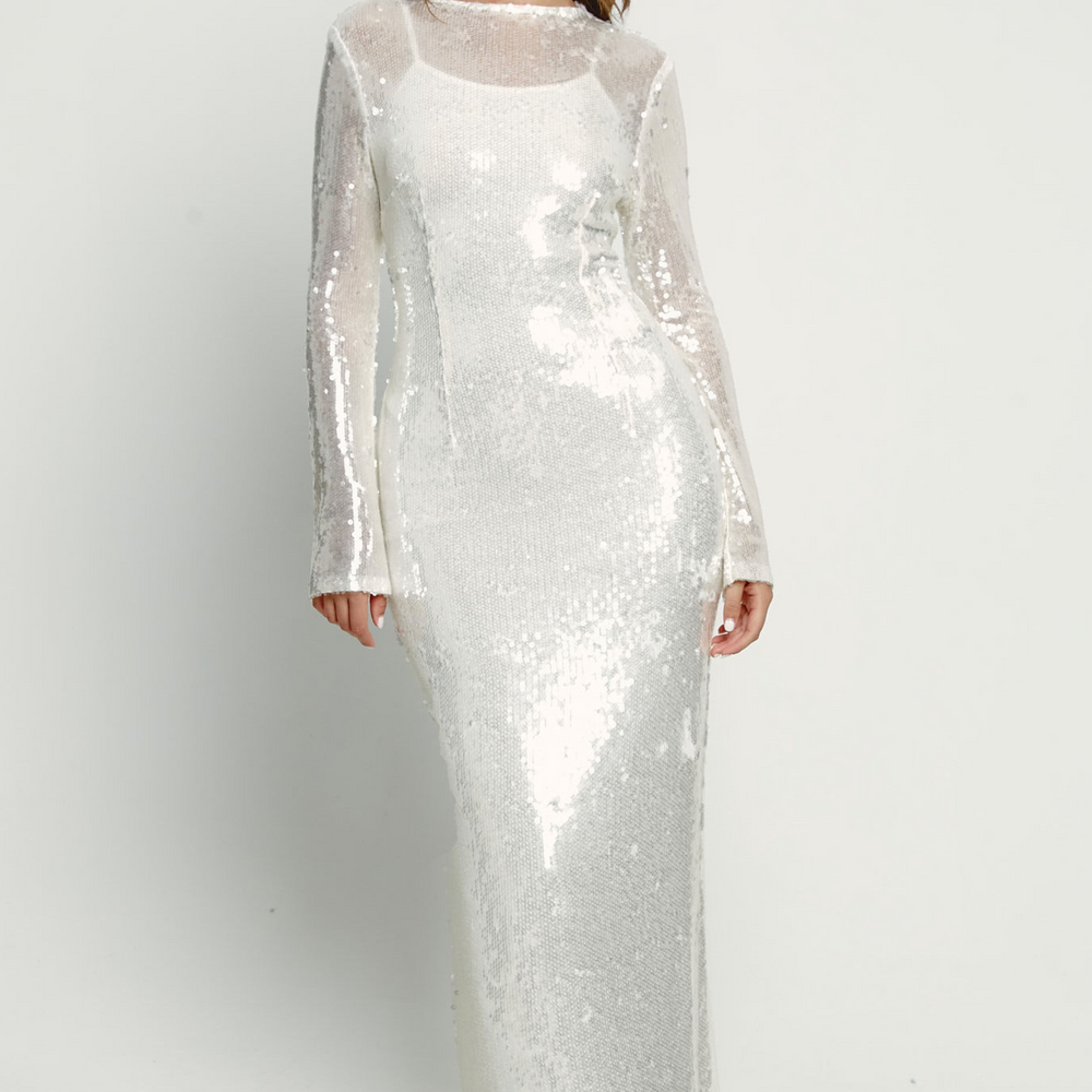 White Sequin Long Sleeve Maxi Dress