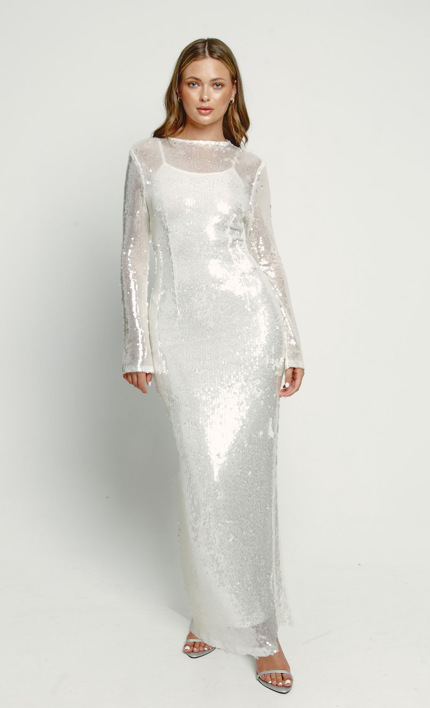 White Sequin Long Sleeve Maxi Dress