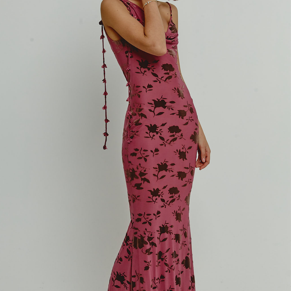 Mauve Burnt Devore Asymmetric Maxi Dress