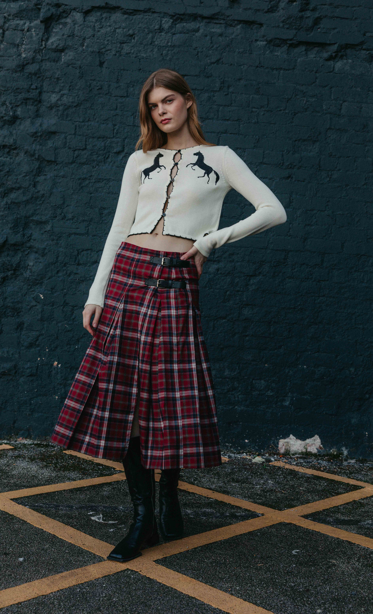 Tartan Buckle Detail Midi Skirt