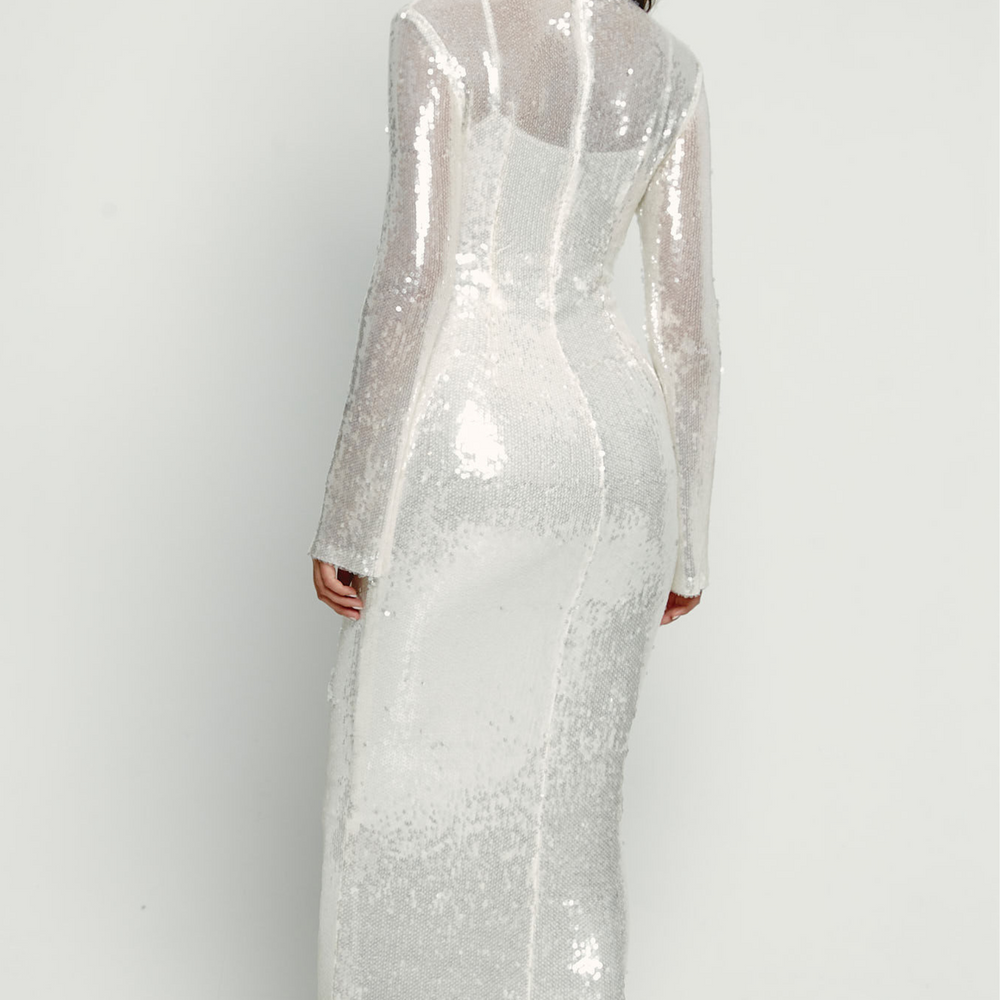 
                      
                        White Sequin Long Sleeve Maxi Dress
                      
                    