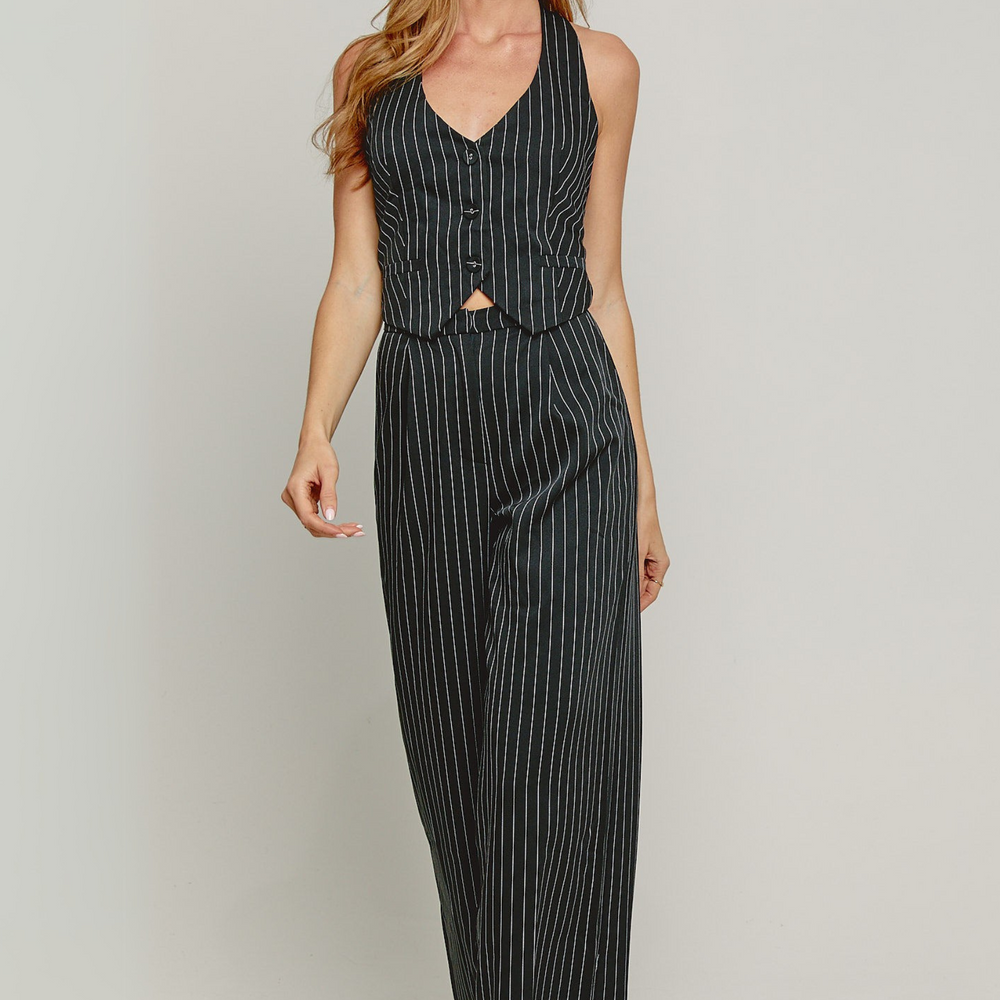 
                      
                        Black Pinstripe Tailored Jumpsuit
                      
                    