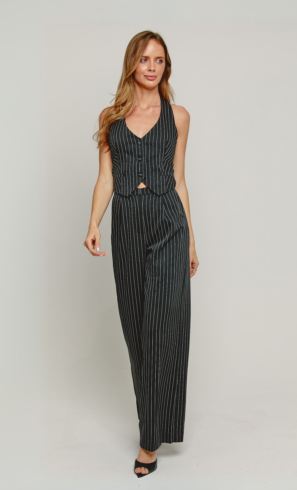 Black Pinstripe Tailored Jumpsuit