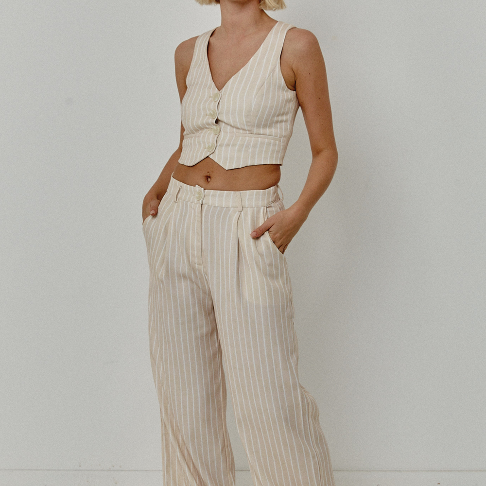 Beige Pinstripe Tailored Trousers