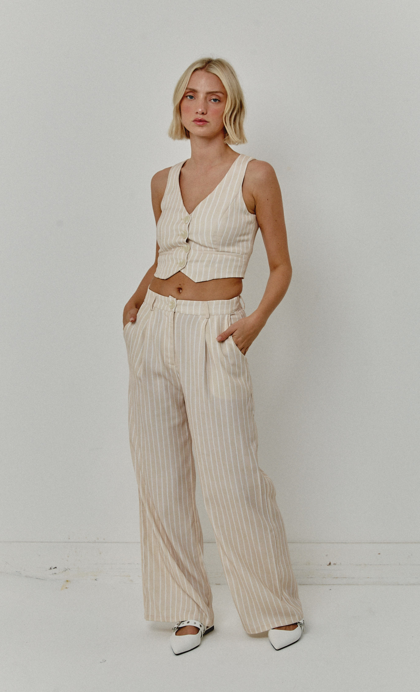 Beige Pinstripe Tailored Trousers