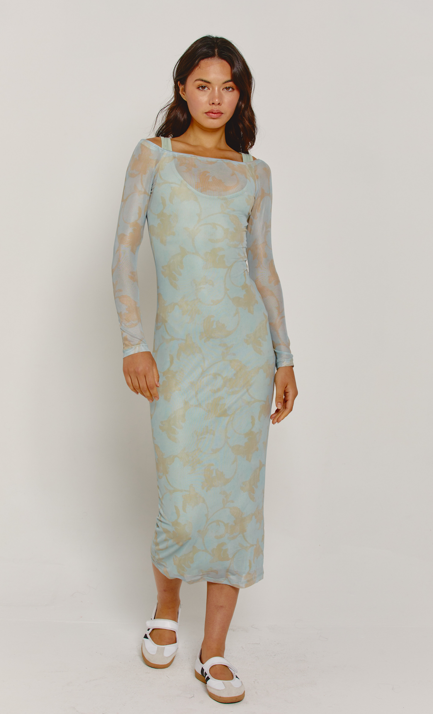 Blue Mesh Long Sleeve Midi Dress - 14