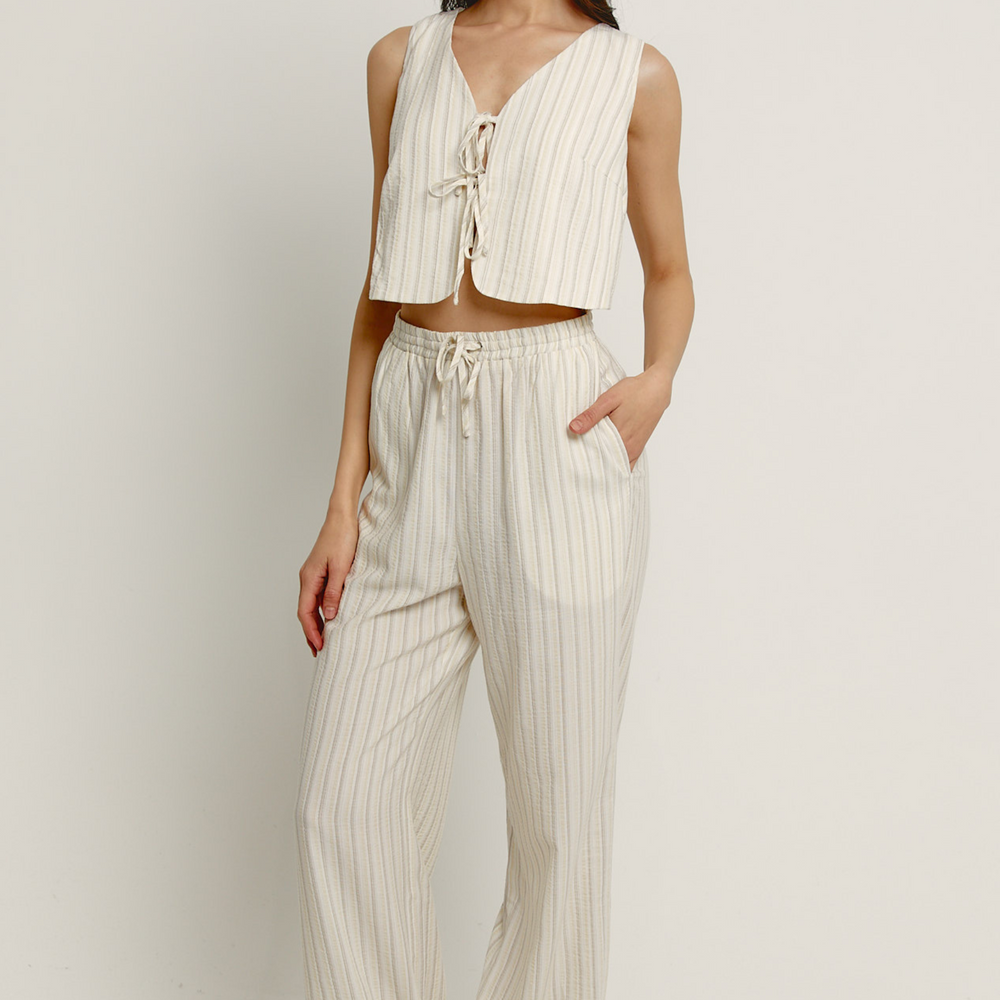 Beige Stripe Tie Front Jumpsuit