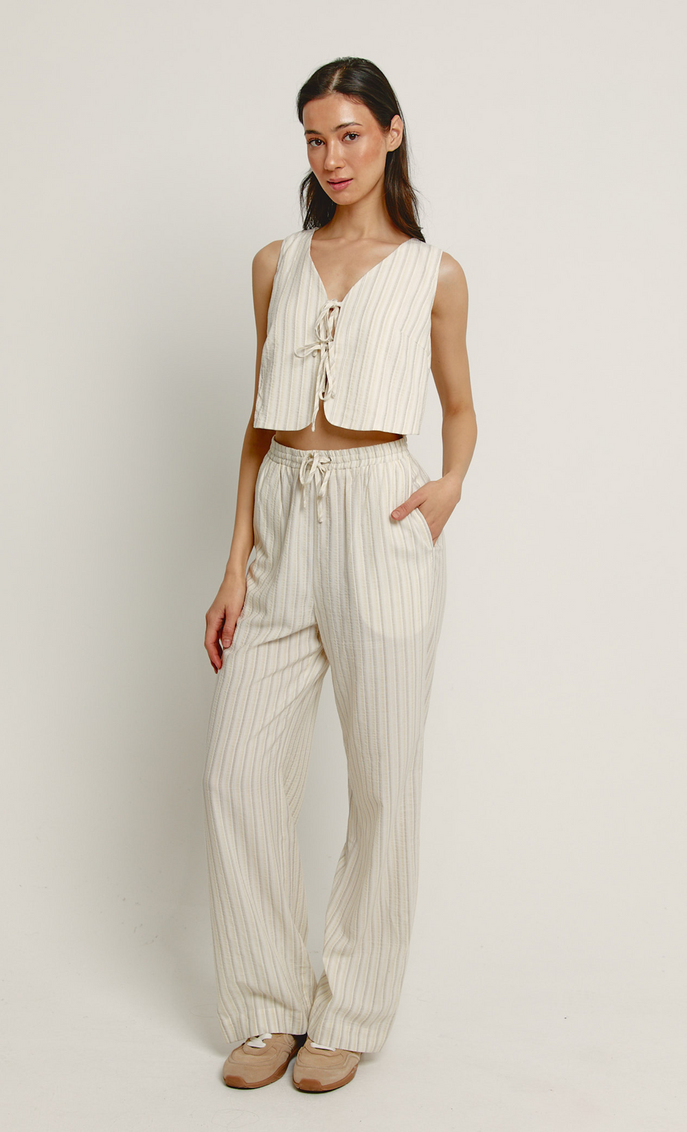 Beige Stripe Tie Front Jumpsuit