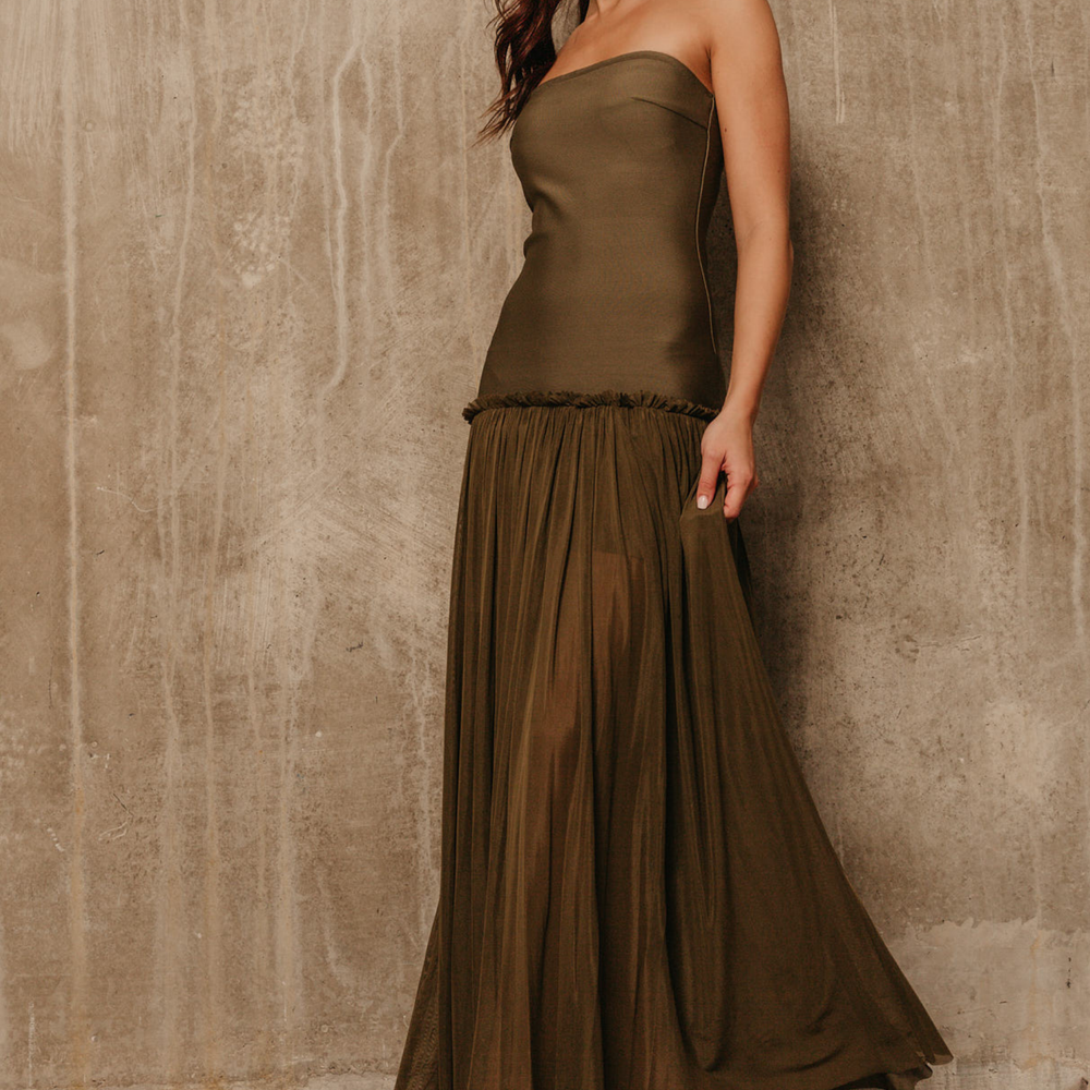 
                      
                        Olive Mesh Drop Waist Bandeau Maxi Dress
                      
                    