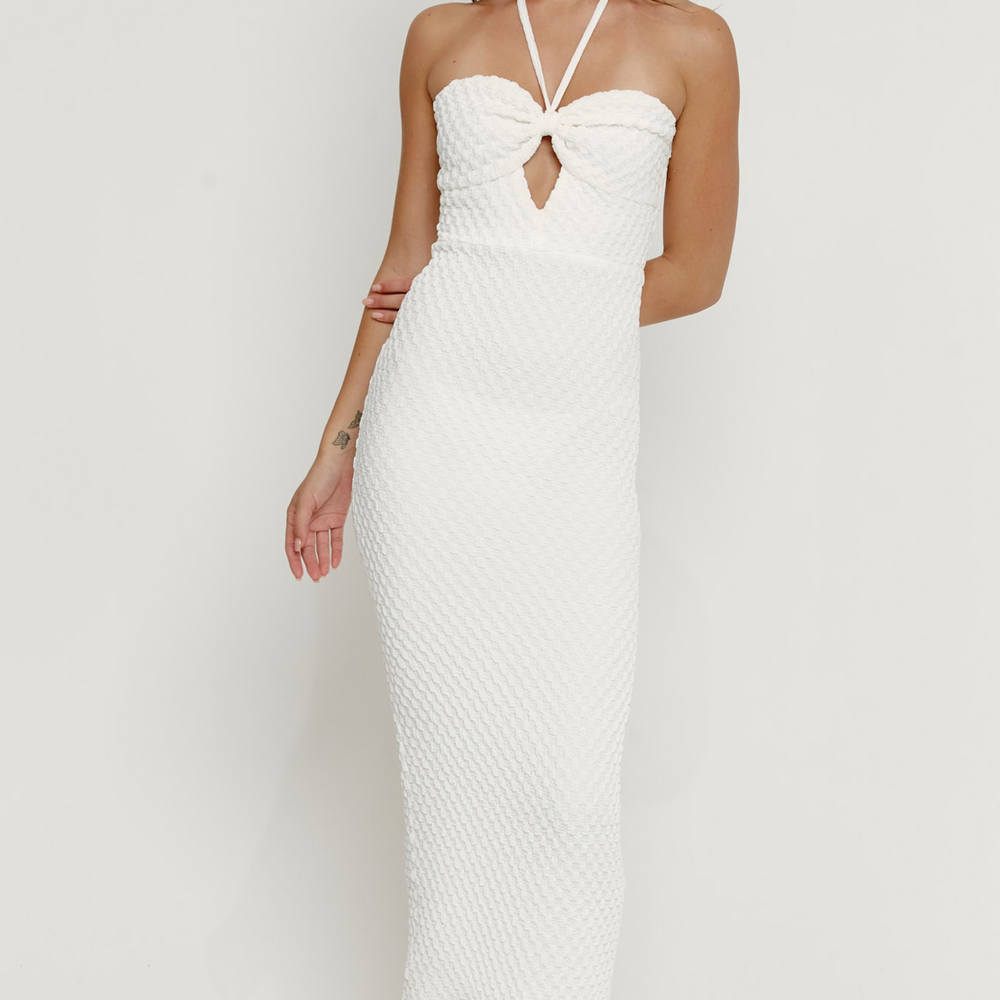 White Textured Cut Out Halter Midaxi Dress