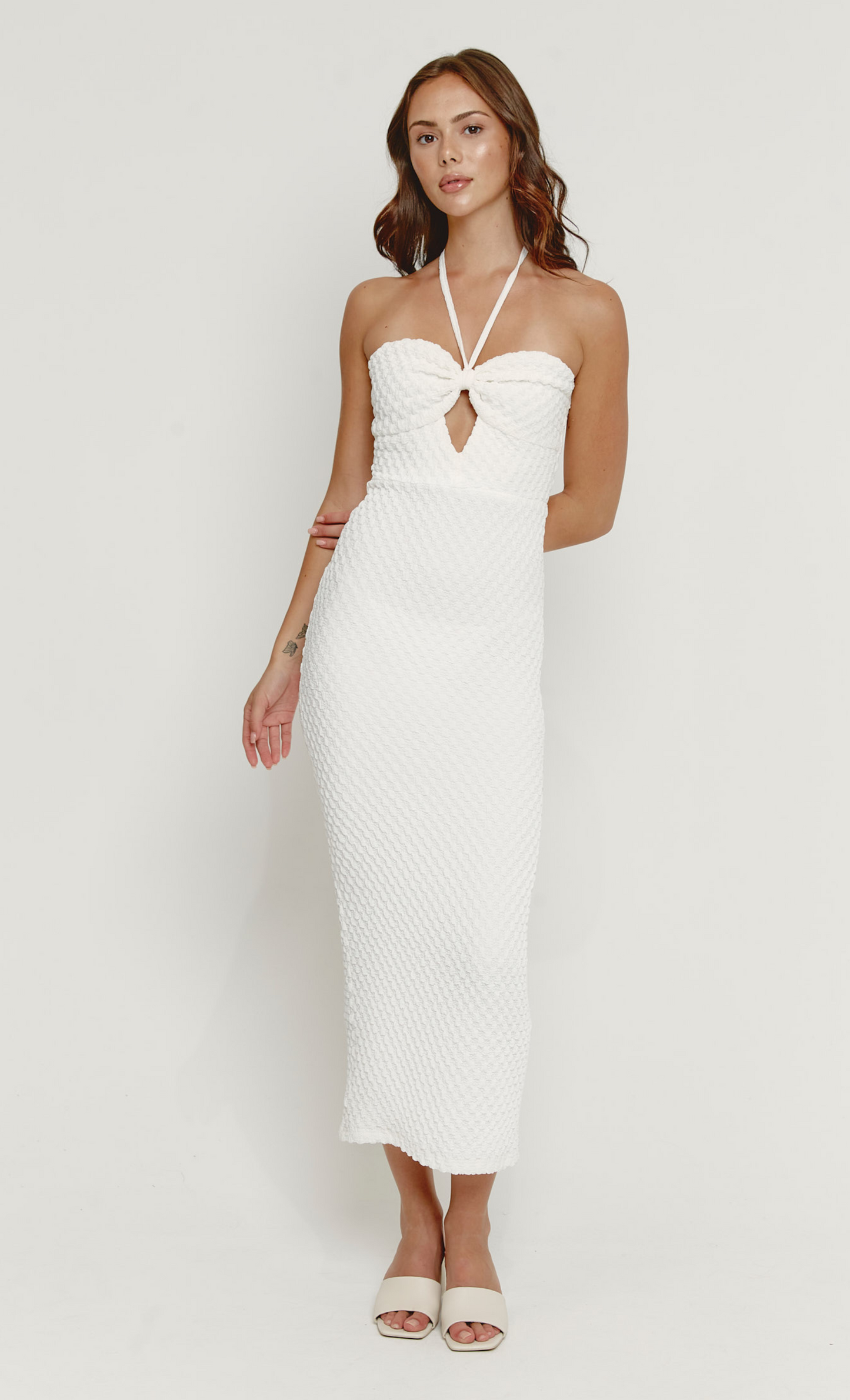 White Textured Cut Out Halter Midaxi Dress