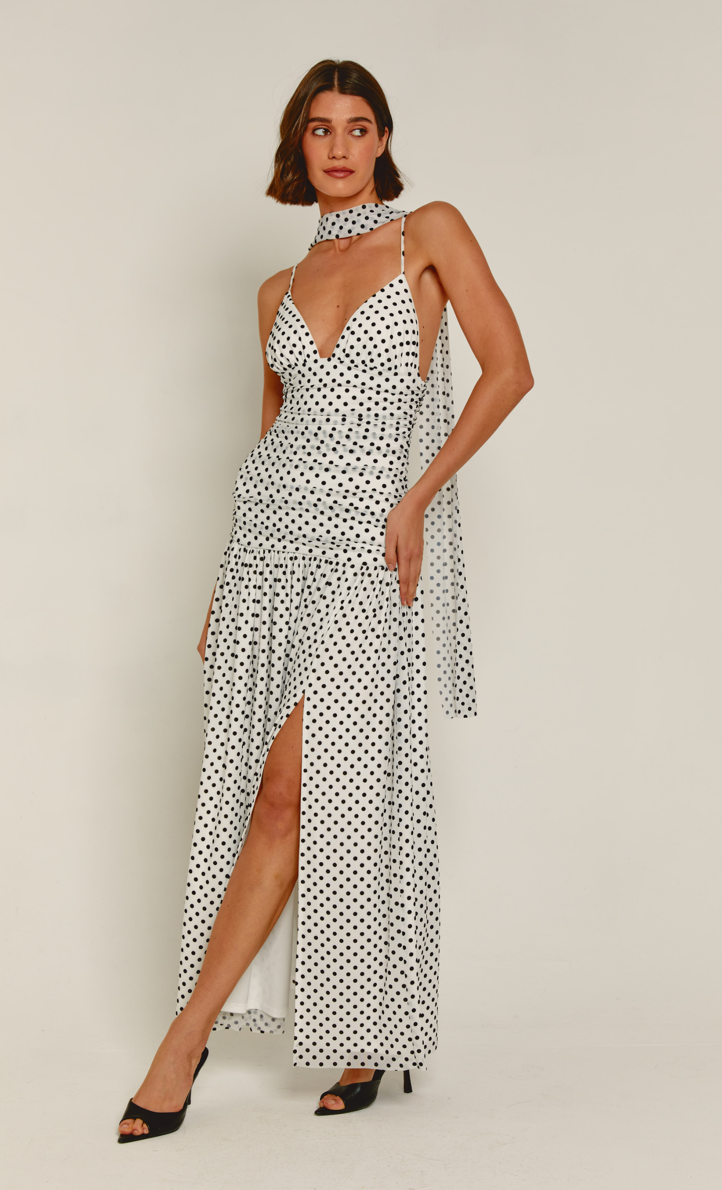 dusty pink mother of the bride dress White Mesh Drop Waist Polka Dot Maxi Dress – Rare London