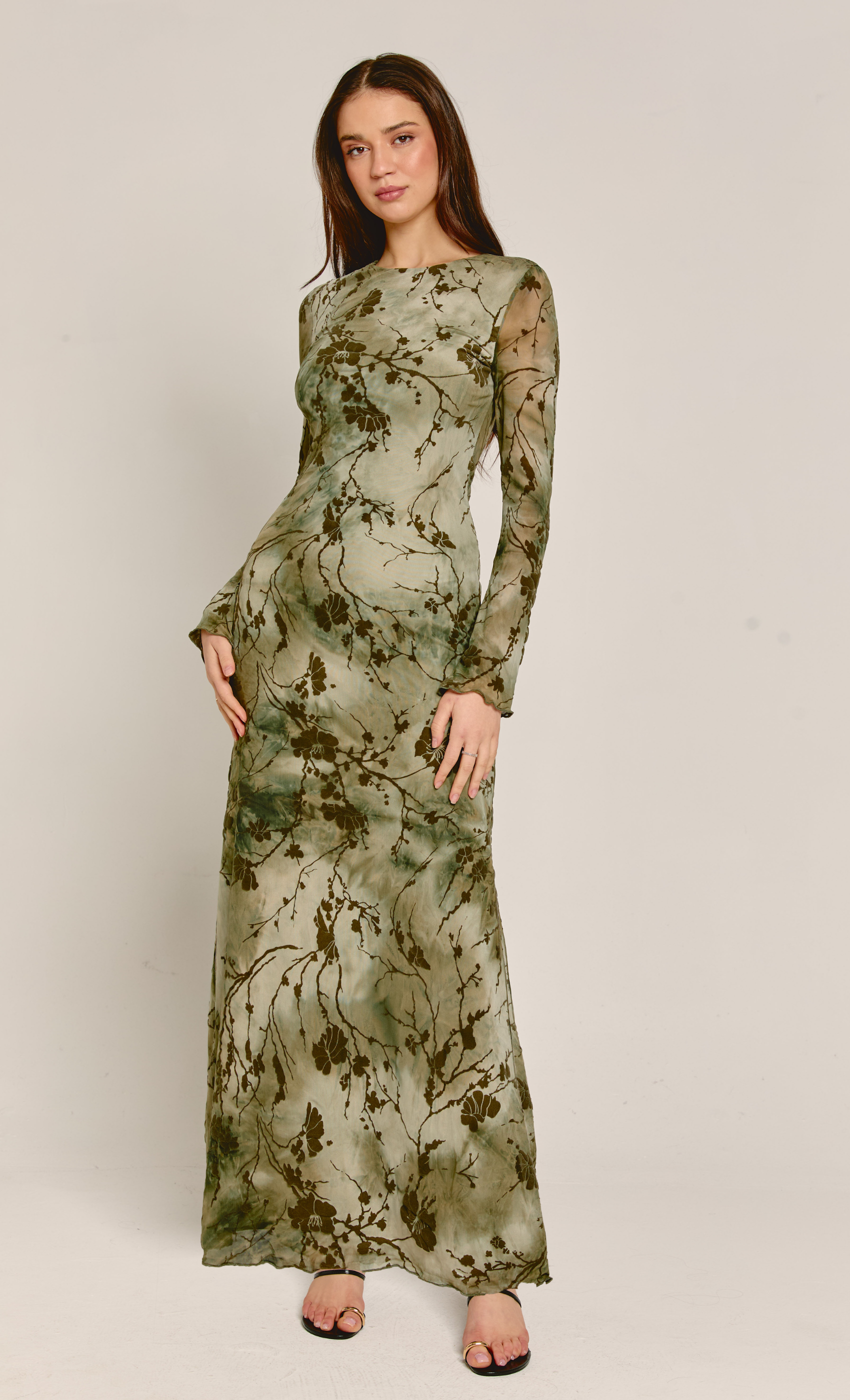 chinese dress ladies Olive Burnout Floral Long Sleeve Maxi Dress – Rare London