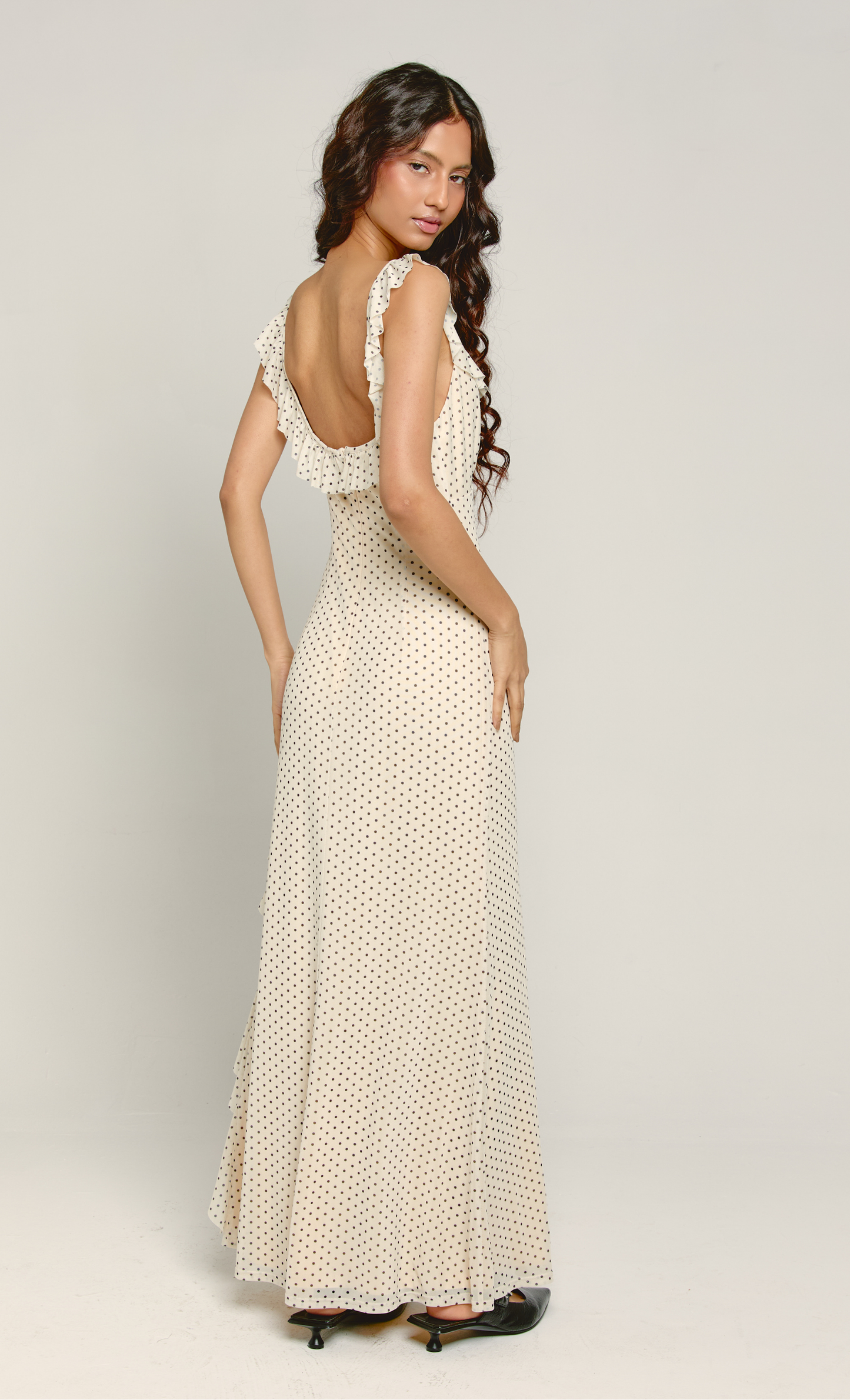 Cream Polka Dot Ruffle Maxi Dress – Rare London