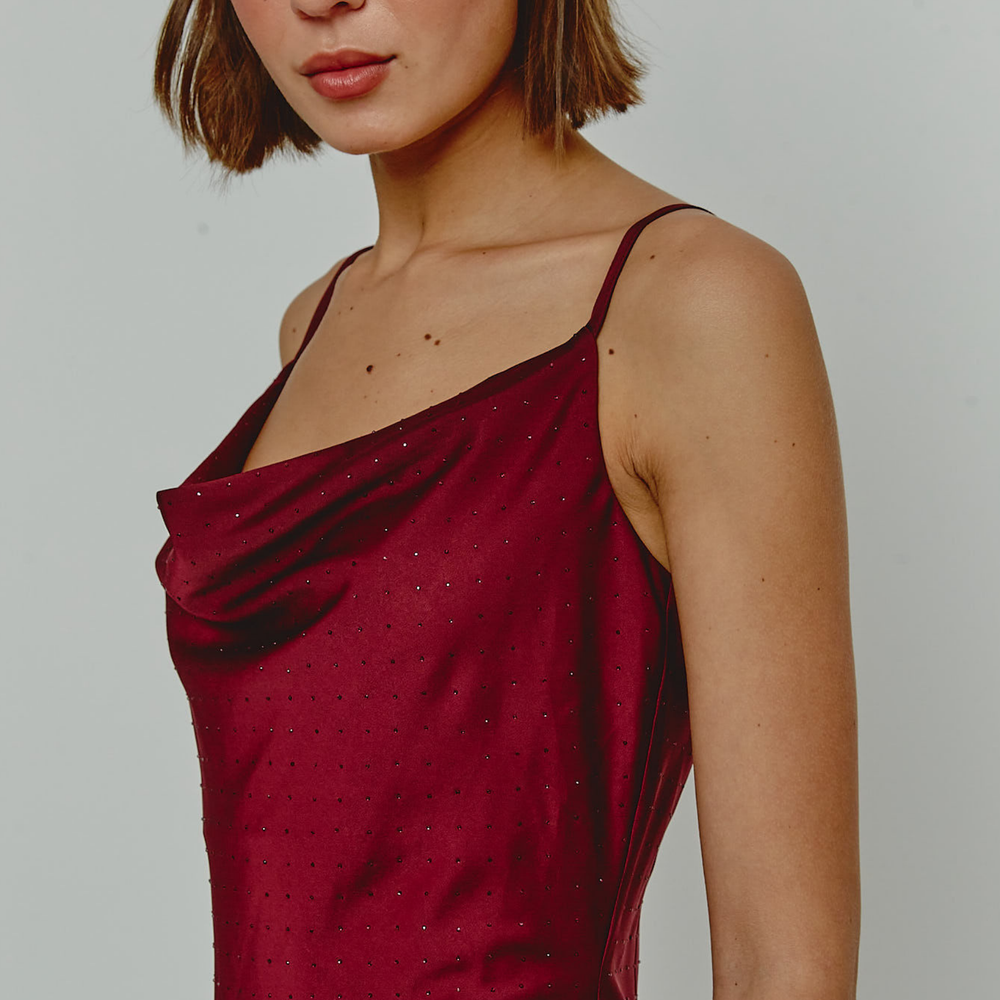 
                      
                        Burgundy Diamante Satin Slip Dress
                      
                    