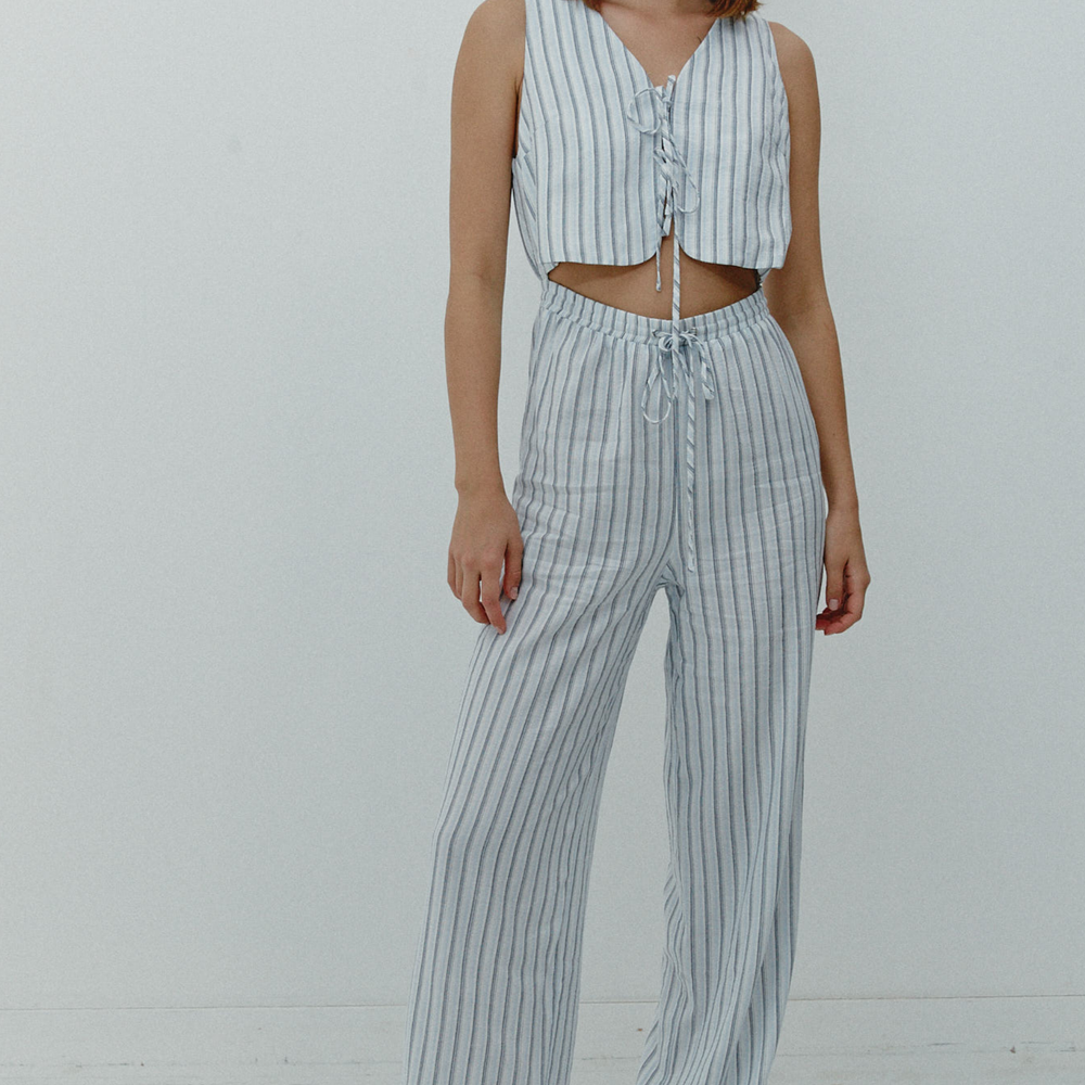 Blue Stripe Tie-Front Jumpsuit