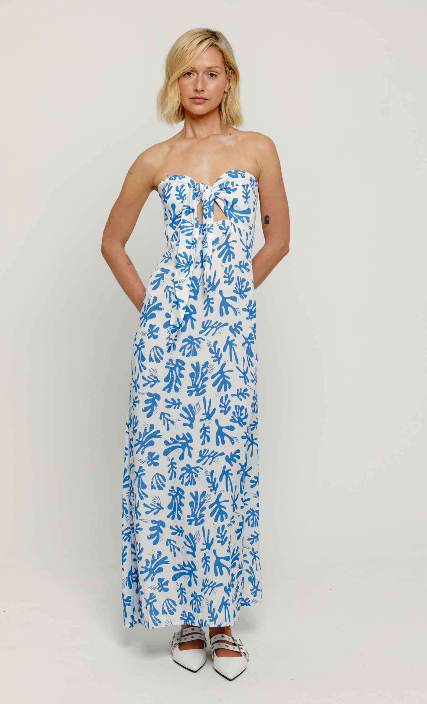 knot bottom of maxi dress Blue Coral Tie Knot Bandeau Maxi Dress