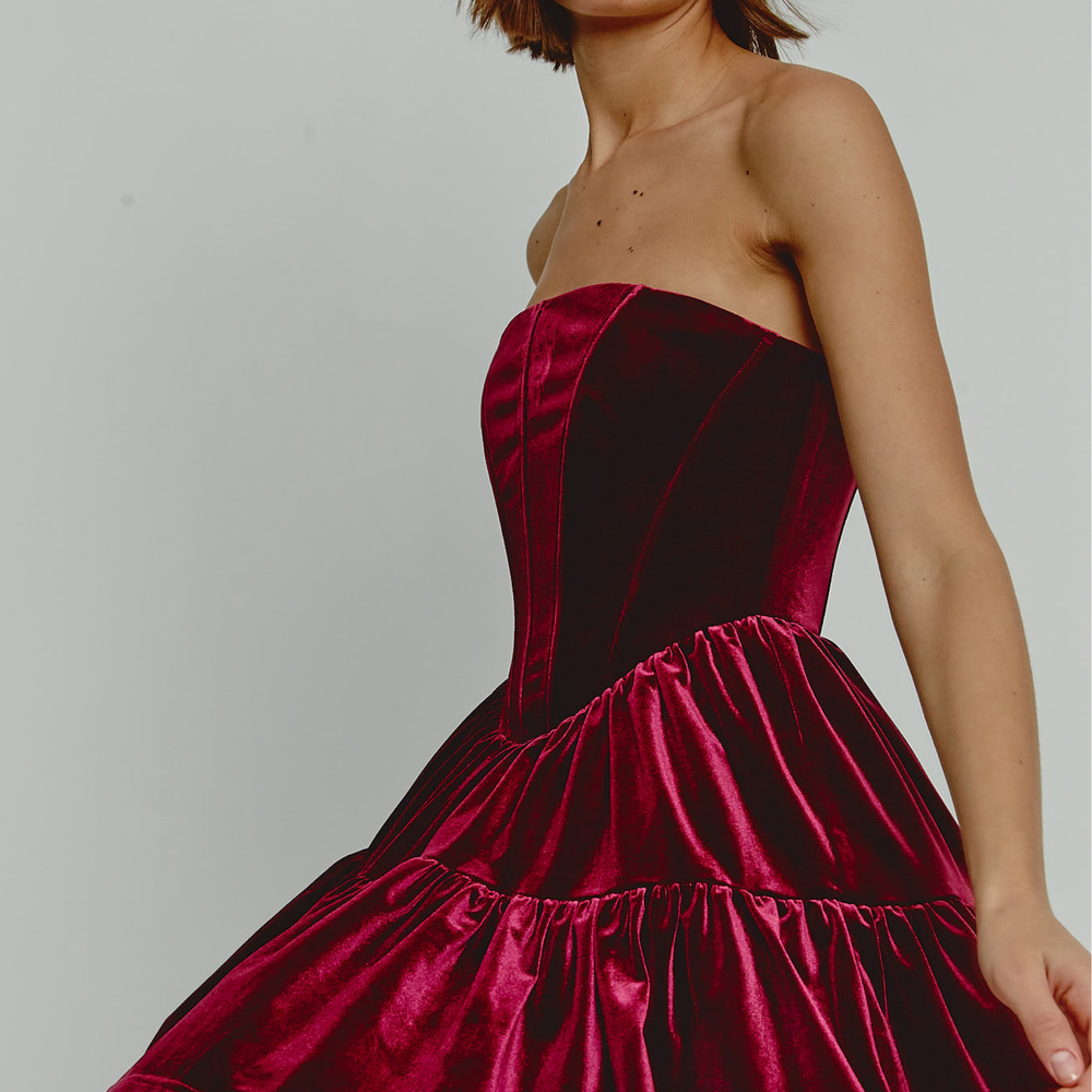 Wine Velvet Bandeau Mini Dress With Bows