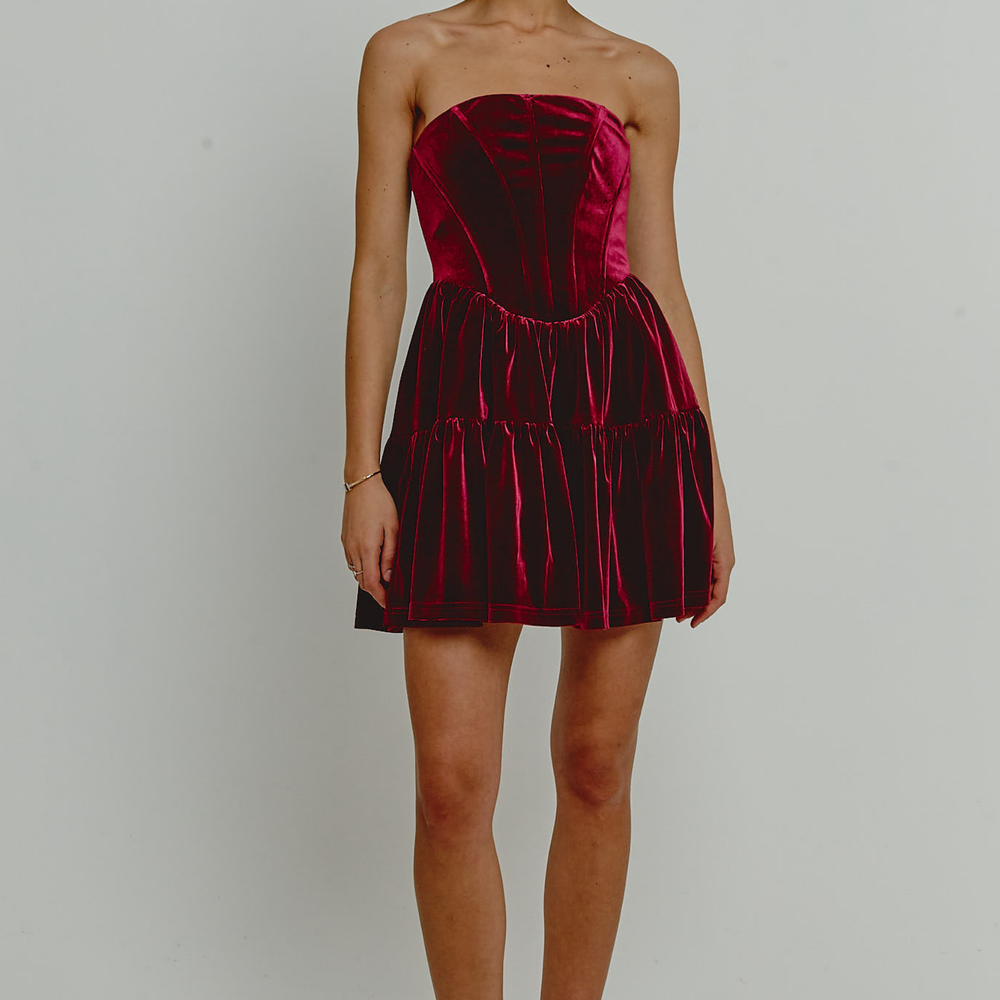 Wine Velvet Bandeau Mini Dress With Bows