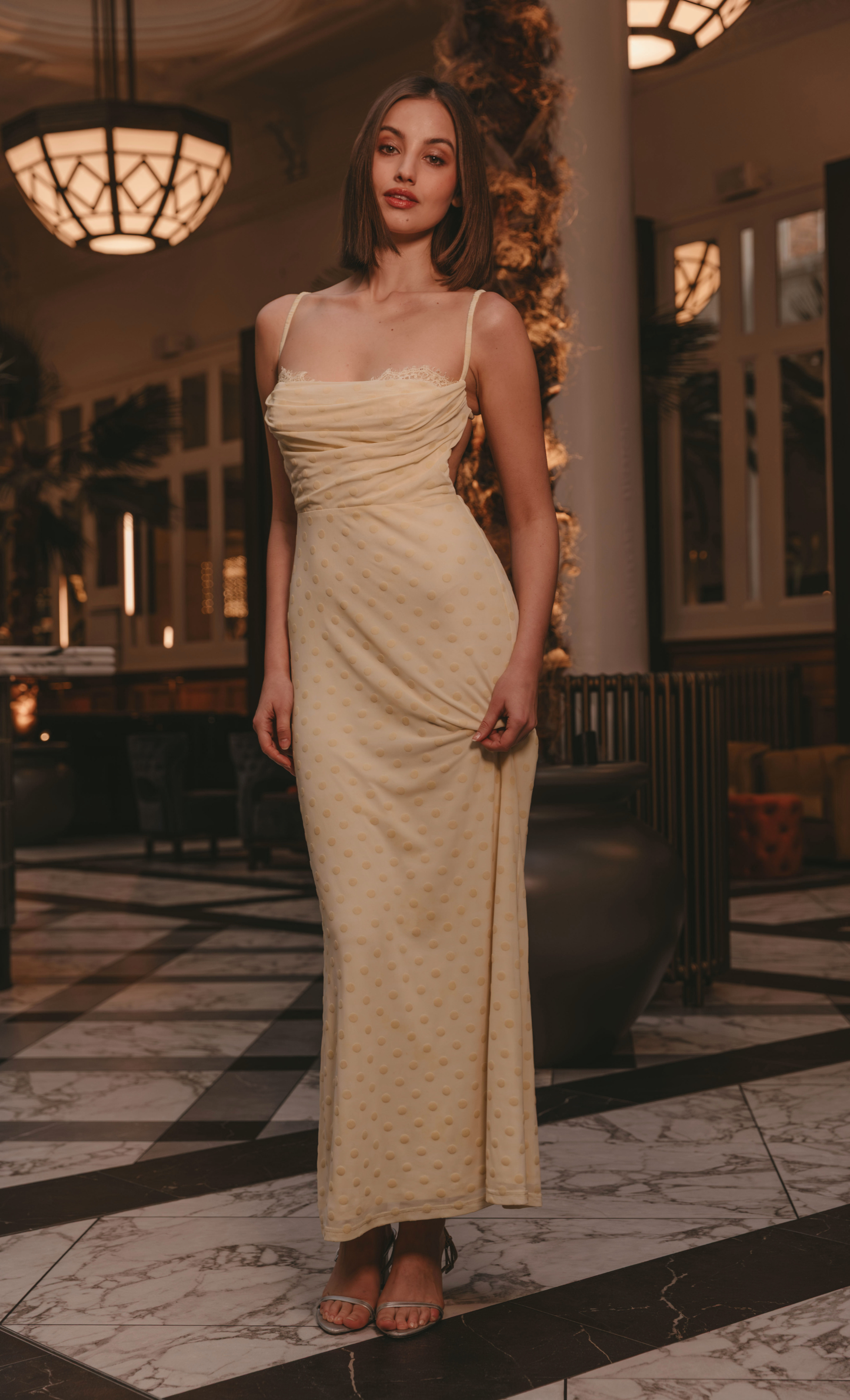 Butter Yellow Polka Dot Mesh Devore Maxi Dress Rare London Butter Yellow Polka Dot Mesh Devore Maxi Dress Rare London