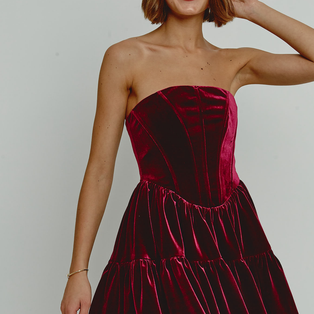 
                      
                        Wine Velvet Bandeau Mini Dress With Bows
                      
                    