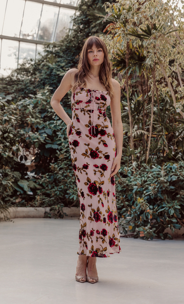 pink floral devore long sleeve maxi dress Pink Drawstring Detail Devore Maxi Dress