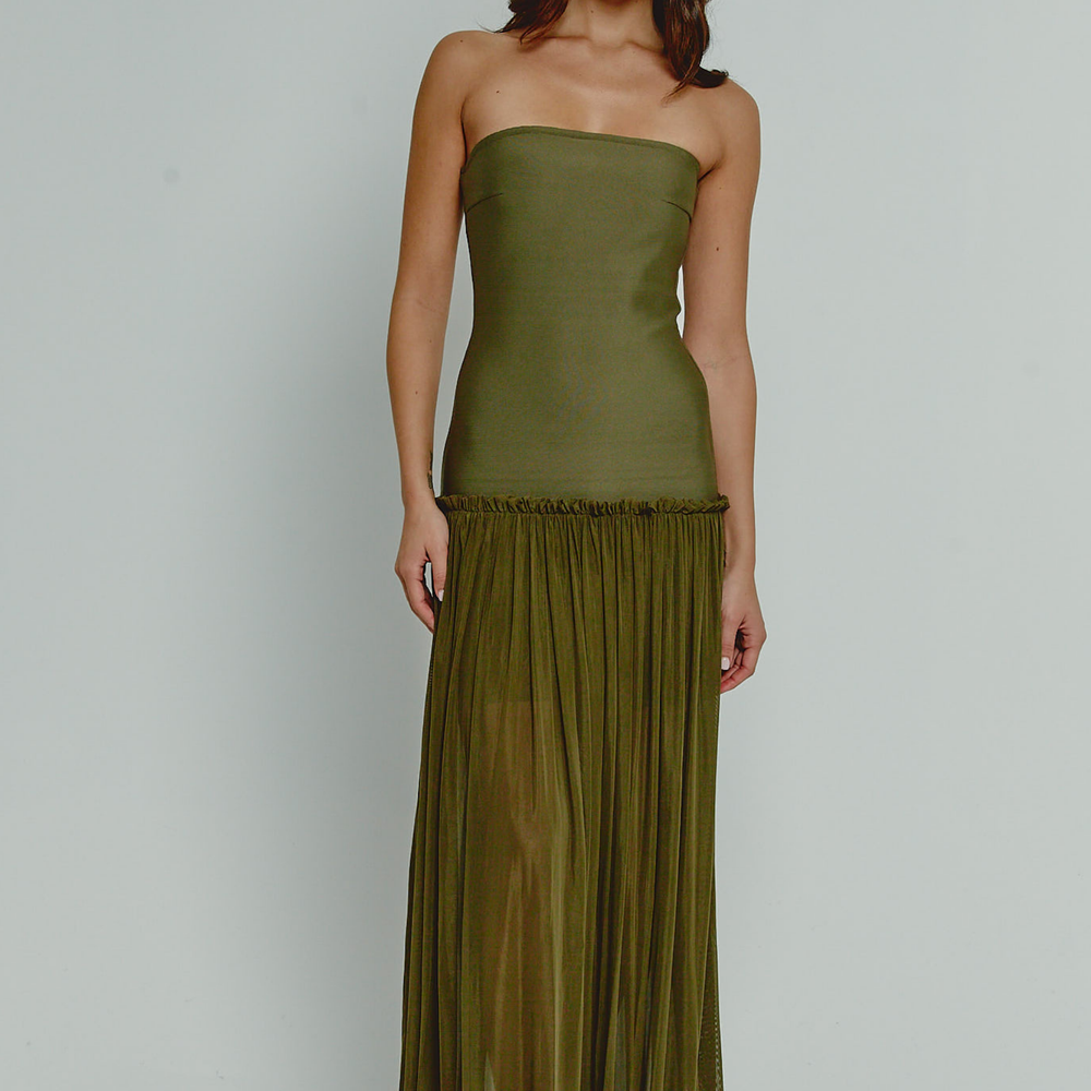 
                      
                        Olive Mesh Drop Waist Bandeau Maxi Dress
                      
                    