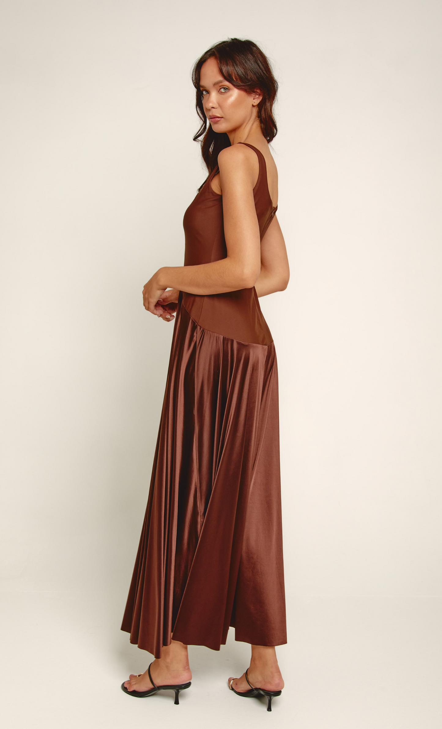 Chocolate Curved Drop Waist Maxi Dress Rare London Chocolate Curved Drop Waist Maxi Dress Rare London