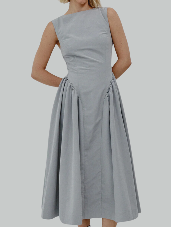 Grey Midi Dress with Gathered Waist