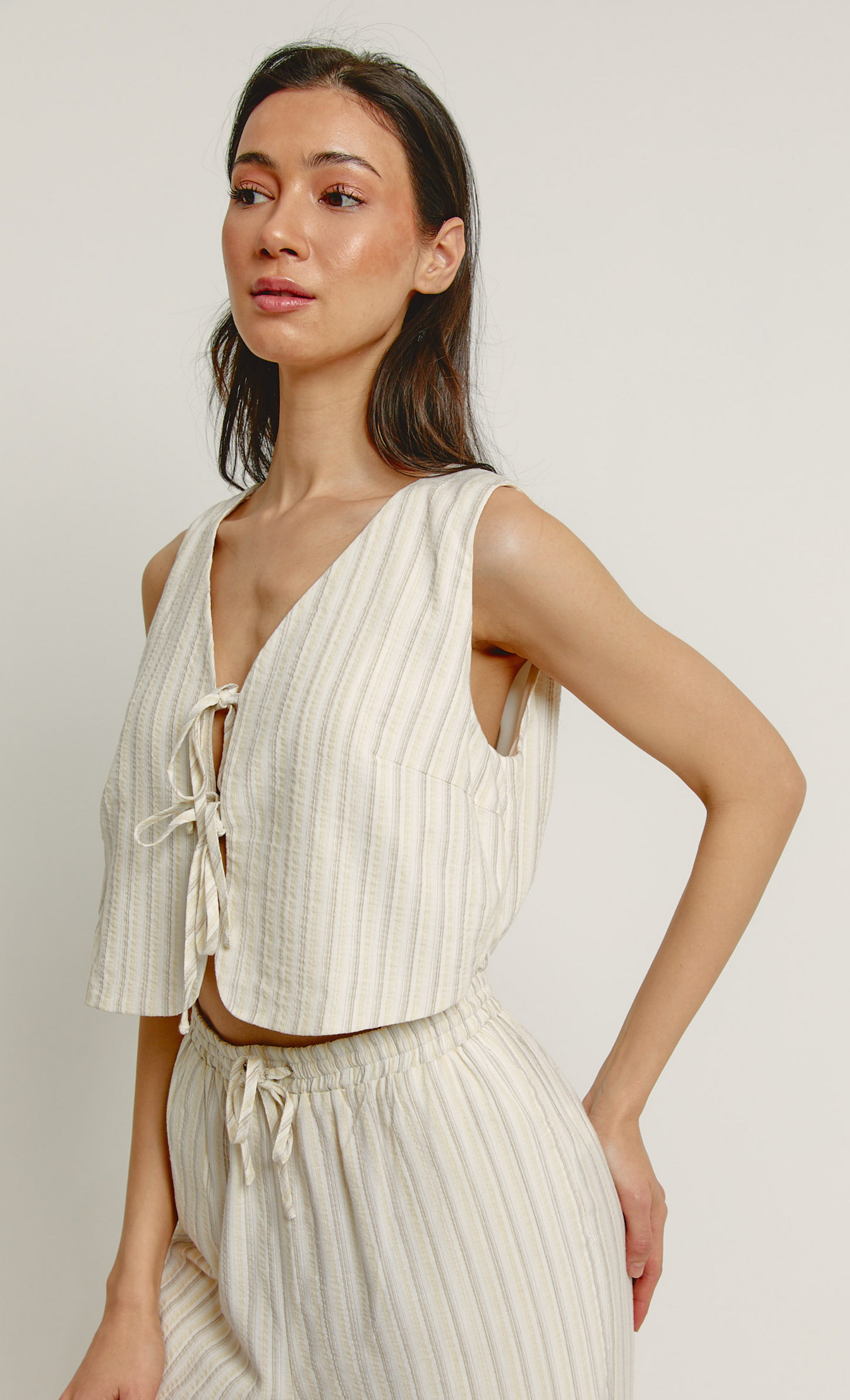 Beige Stripe Tie Front Jumpsuit