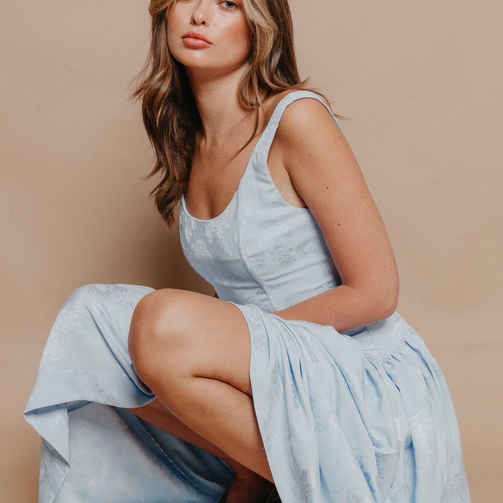 Blue Satin Jacquard Drop Waist Midi Dress