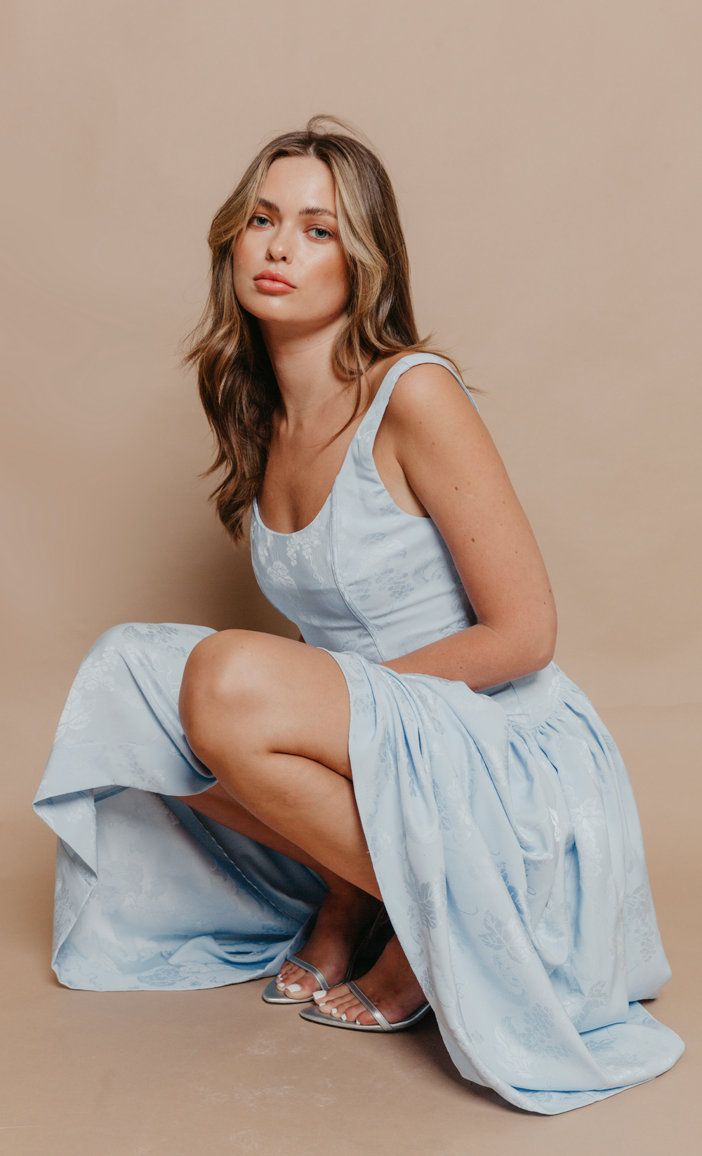 Blue Satin Jacquard Drop Waist Midi Dress