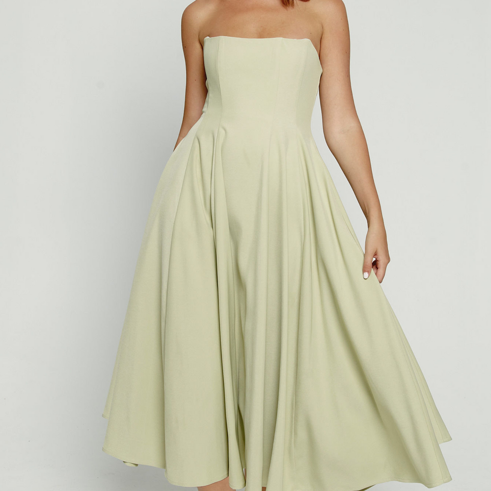 Olive Bandeau Corset Full Skirt Midi Dress