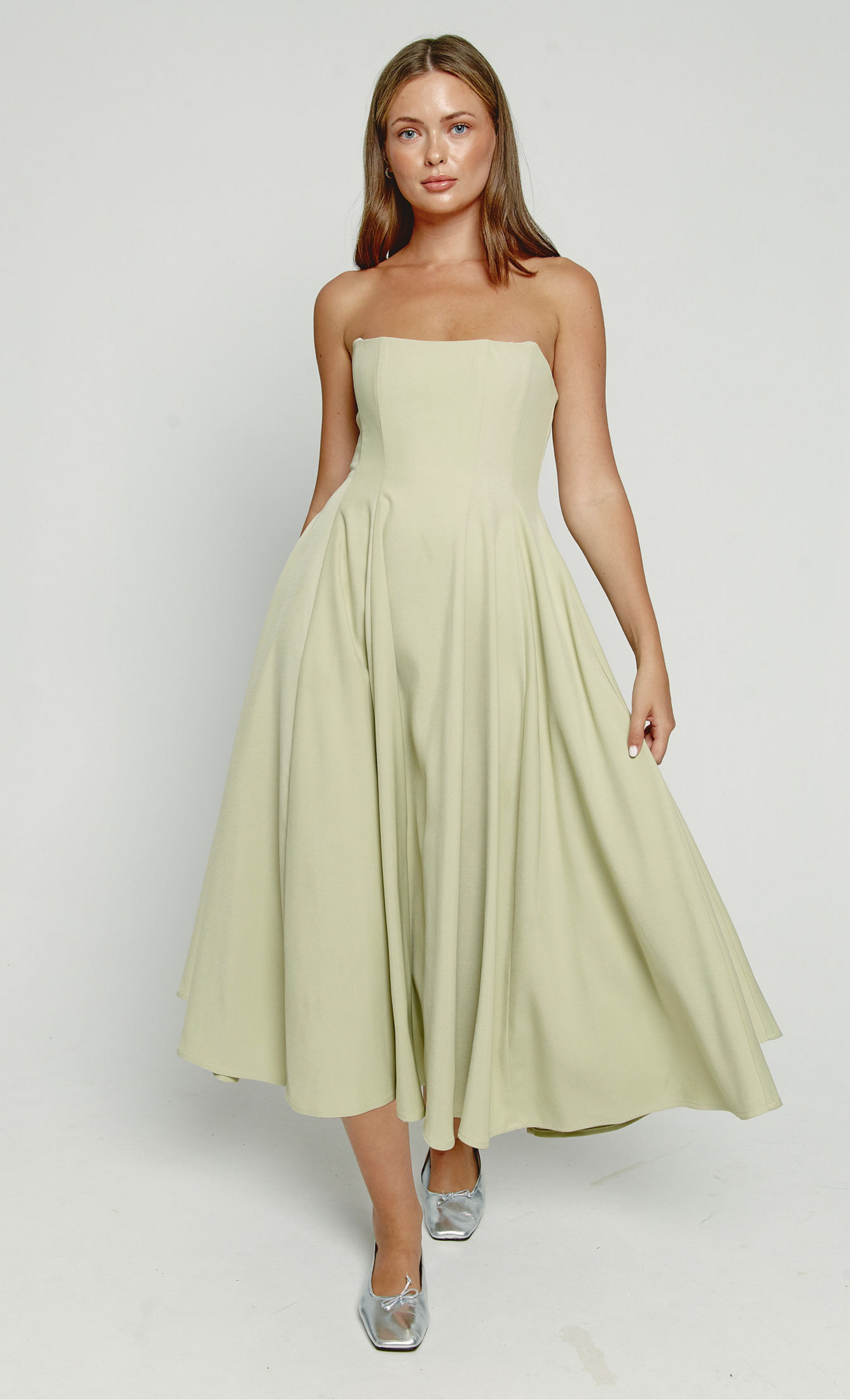 Olive Bandeau Corset Full Skirt Midi Dress