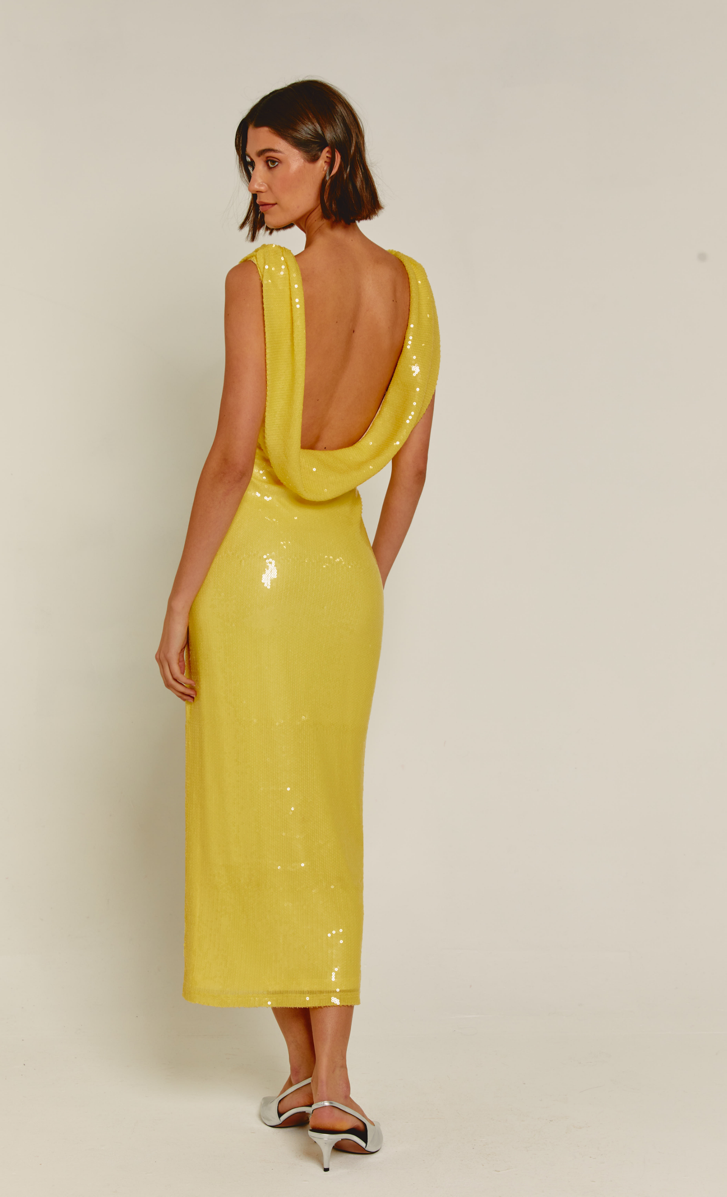 sequin cowl back midi dress Bebe Women's Sequin Cowl Back Midi Dress