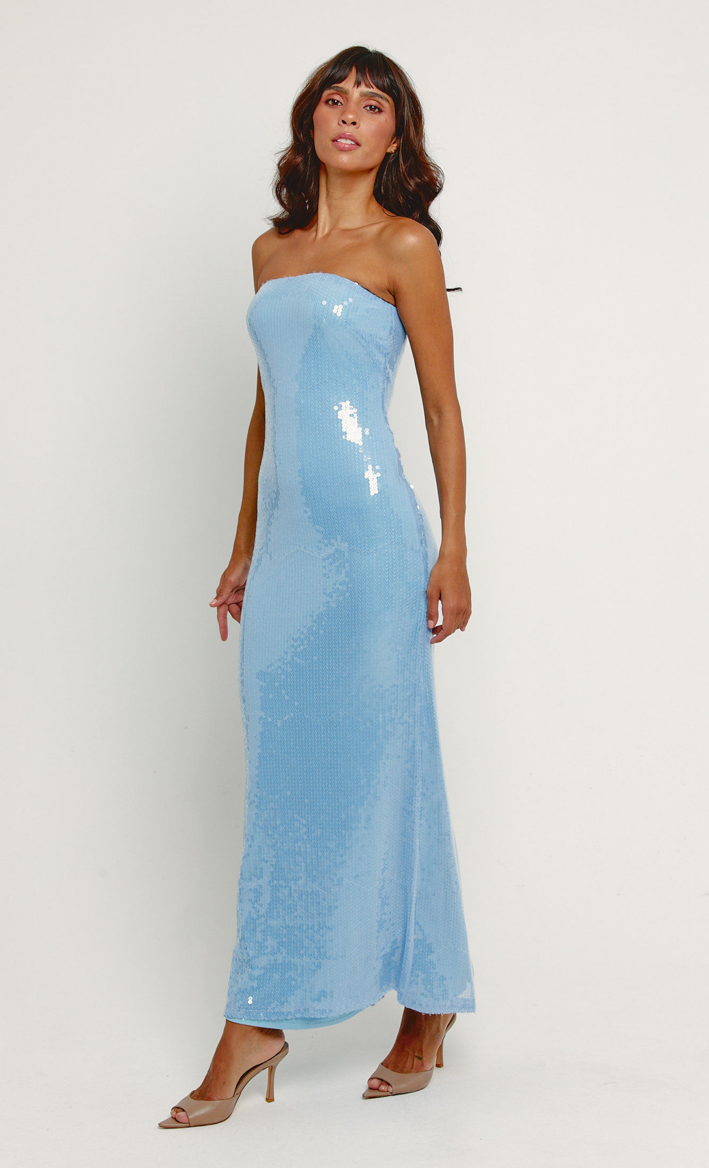 Blue Sequin Bandeau Maxi Dress