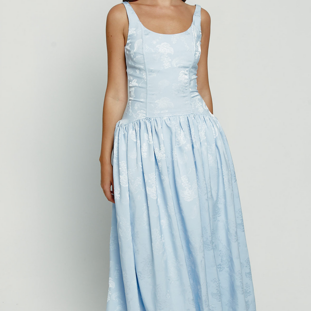 Blue Satin Jacquard Drop Waist Midi Dress