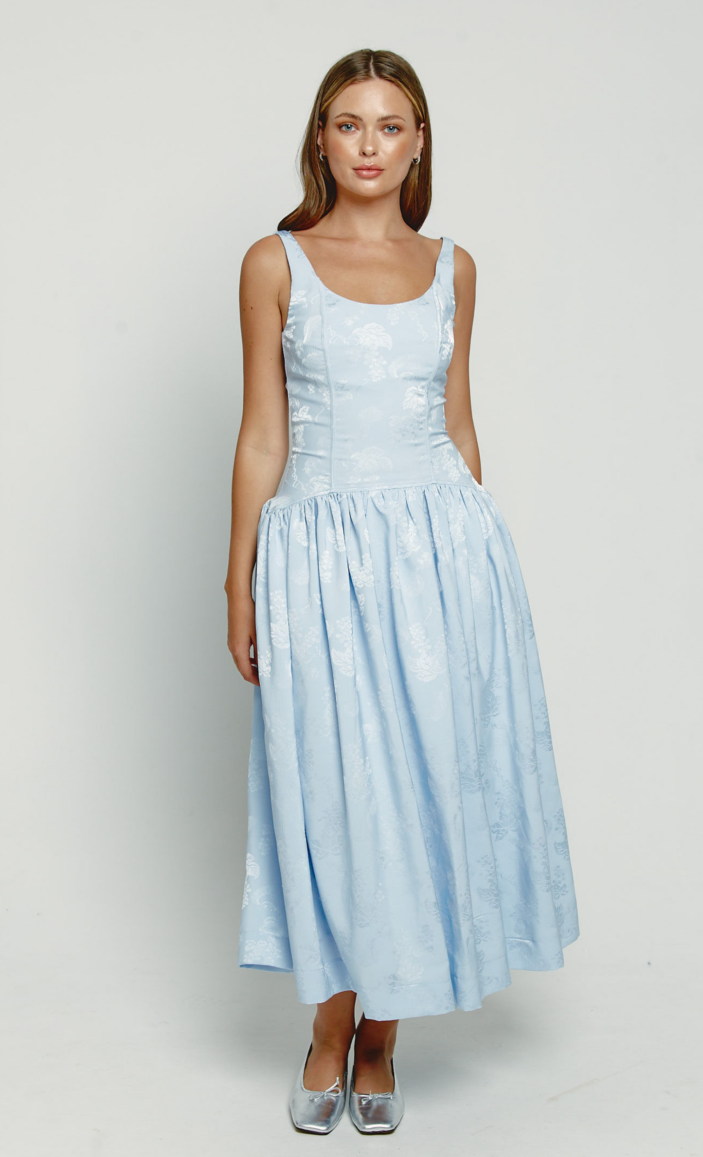 Blue Satin Jacquard Drop Waist Midi Dress