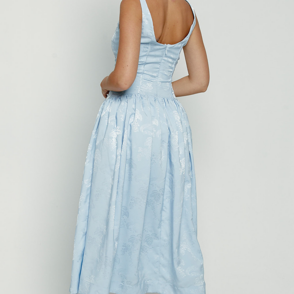 
                      
                        Blue Satin Jacquard Drop Waist Midi Dress
                      
                    