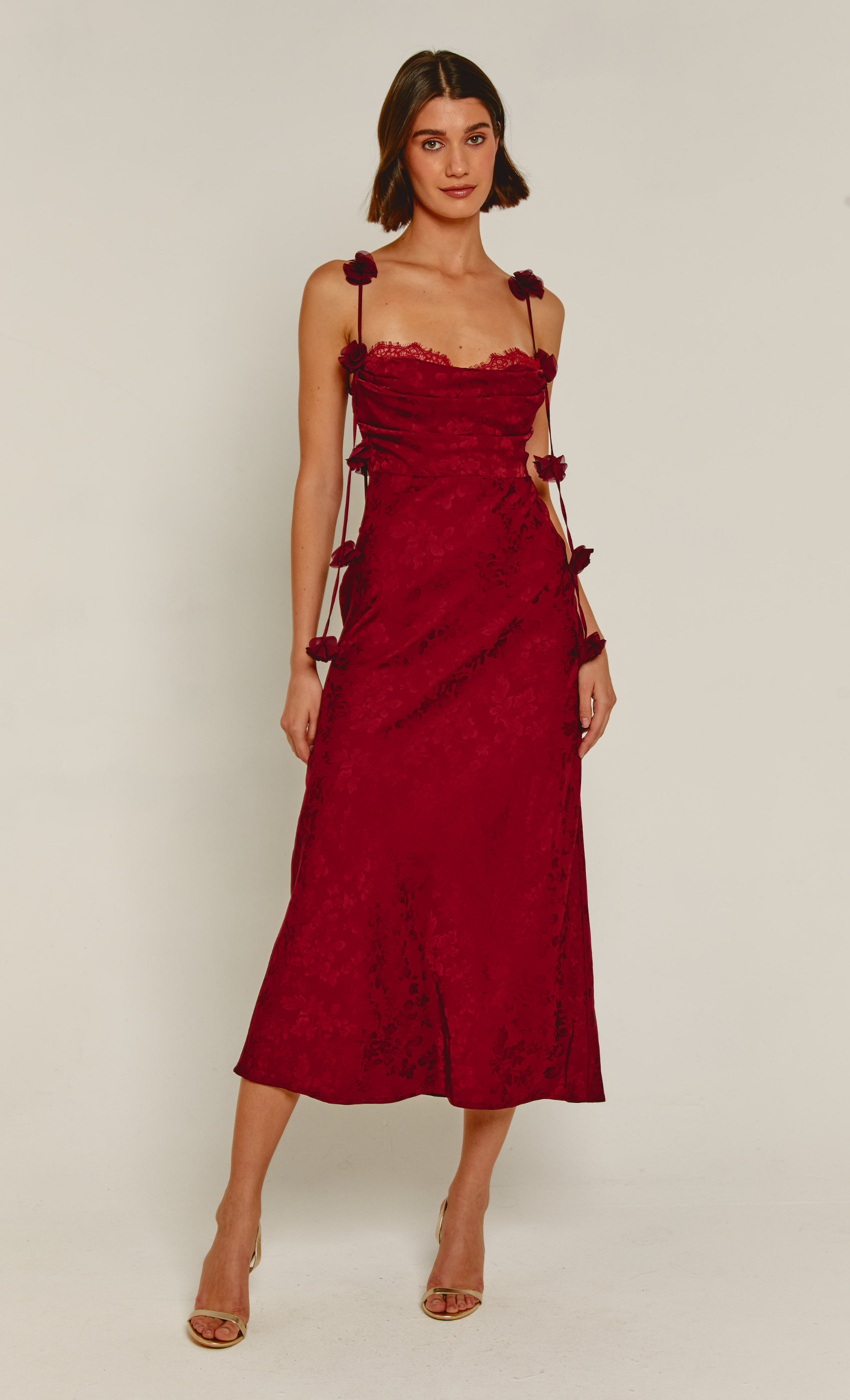 Wine Petal Strap Satin Jacquard Maxi Dress