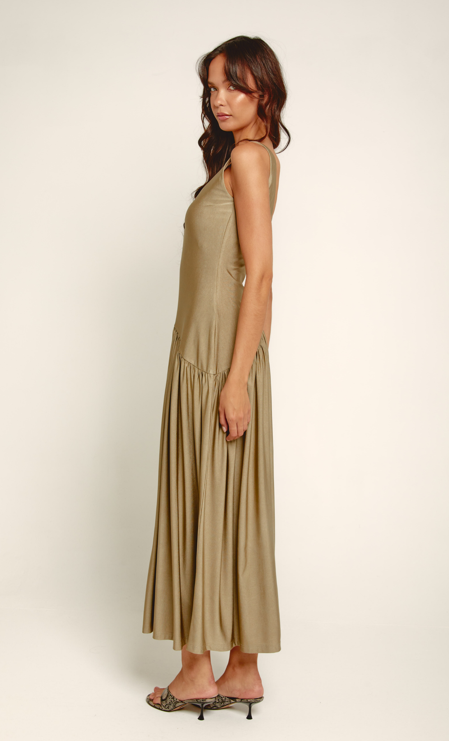 Olive Asymmetric Waist Detail Maxi Dress Rare London Olive Asymmetric Waist Detail Maxi Dress Rare London
