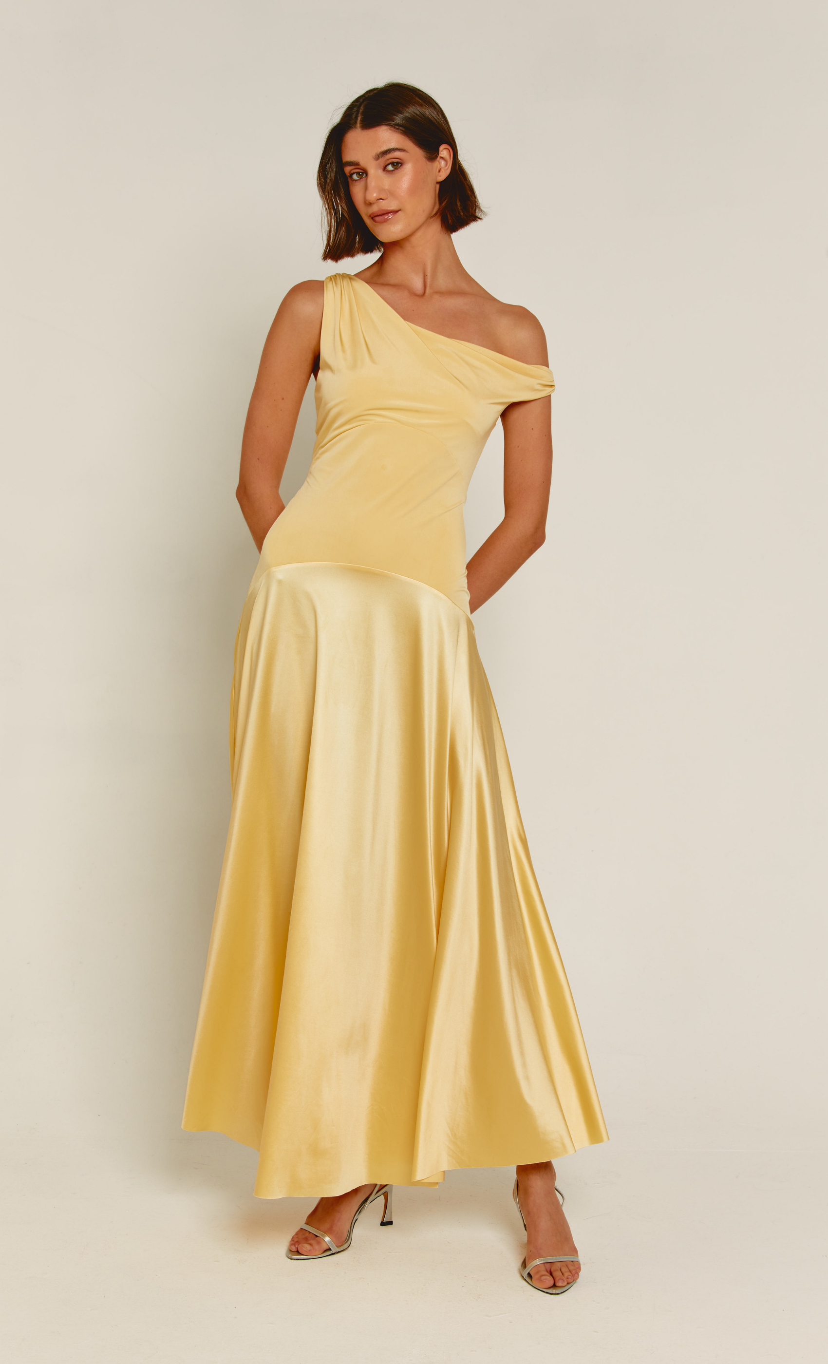 Butter Yellow Fallen Shoulder Curved Waist Maxi Dress – Rare London